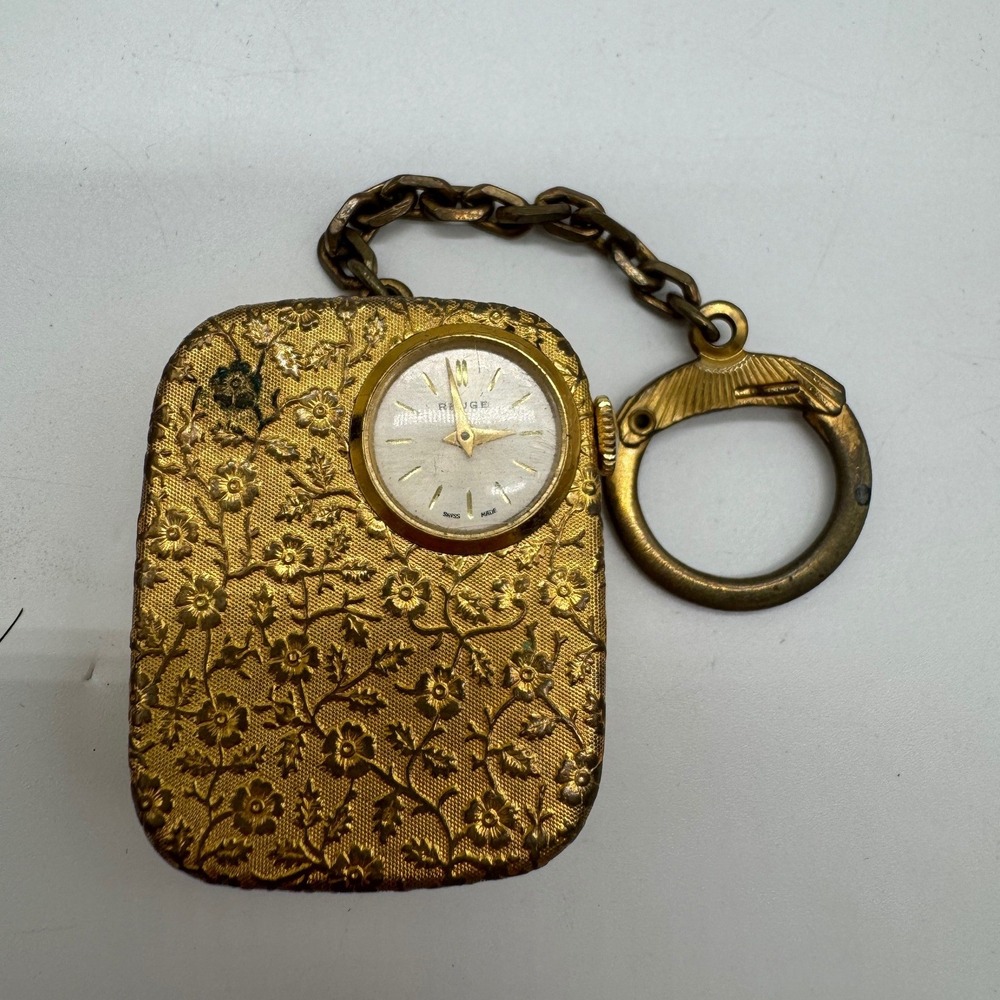 Vintage Reuge Swiss‎ Musical Pocket Watch Keychain Gold Tone Floral Embossed Fob